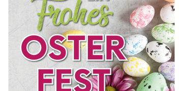 Grafik mit bunten Ostereiern und dem Schriftzug 'Frohe Ostern' der Sozialstation Malsch.