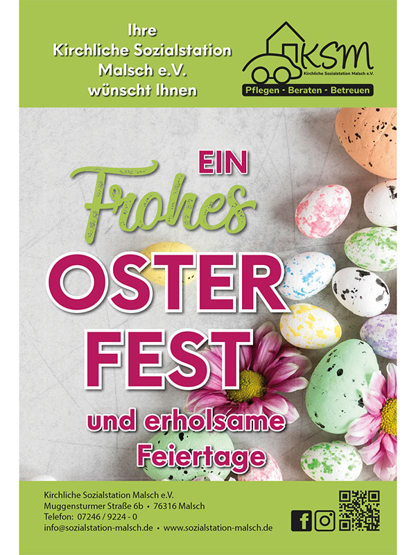 Grafik mit bunten Ostereiern und dem Schriftzug 'Frohe Ostern' der Sozialstation Malsch.